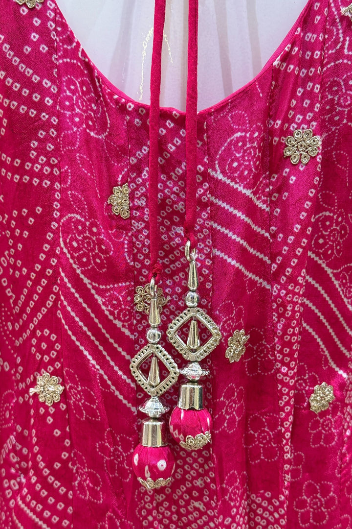 Rani Pink Zardozi, Stone, Sequins and Zari work with Bandini Print Anarkali Style Salwar