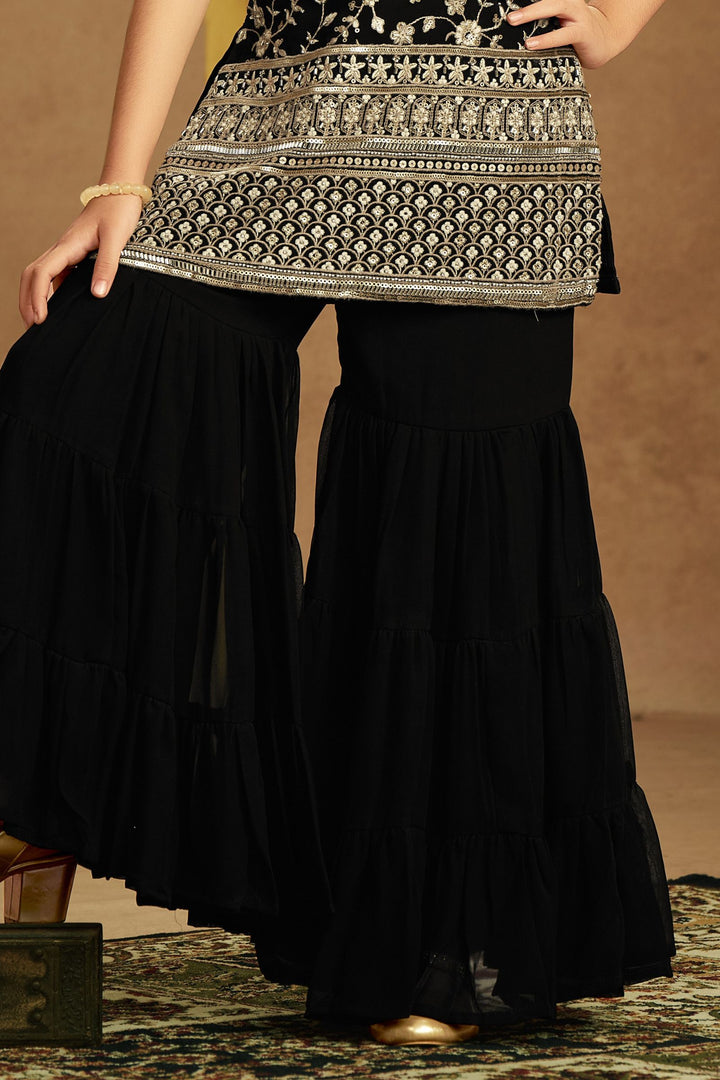 Black Sequins, Zari, Mirror, Stone and Beads work Sharara Suit Set for Girls