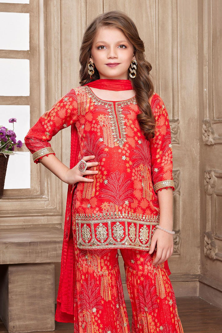 Red Floral Print with Gota Patti work Sharara Set for Girls - Seasons Chennai