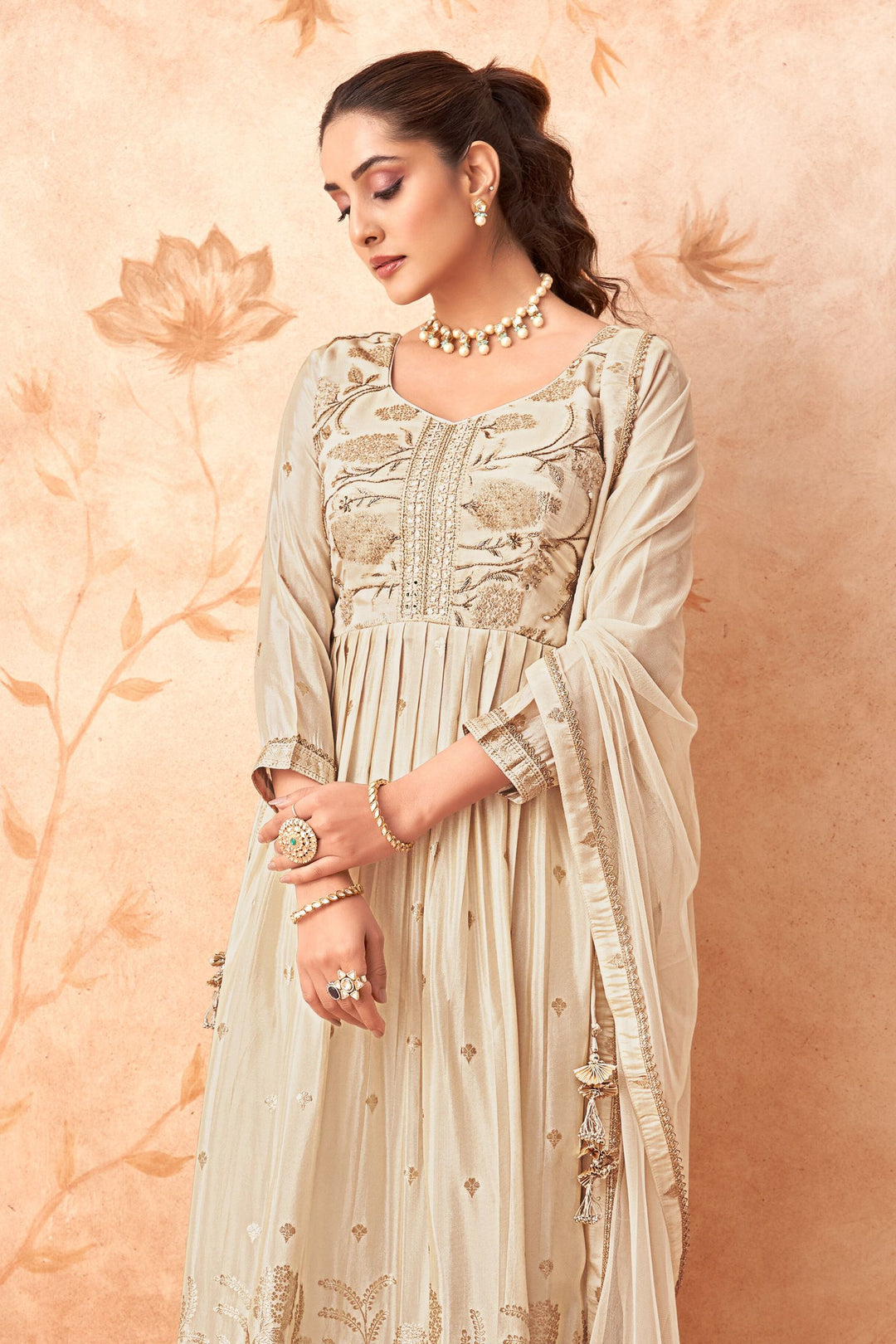 Beige Banaras, Beads, Stone, Mirror and Zardozi work Salwar Suit with Straight Pants