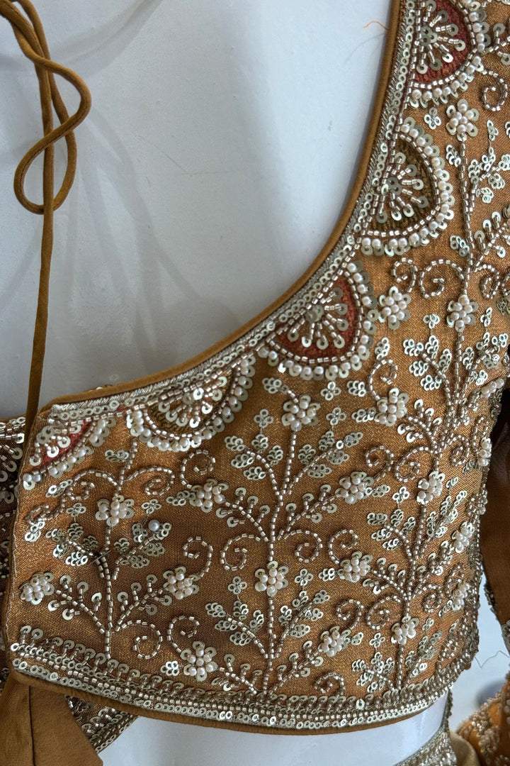 Copper Gold Beads, Sequins and Pearl work Saree