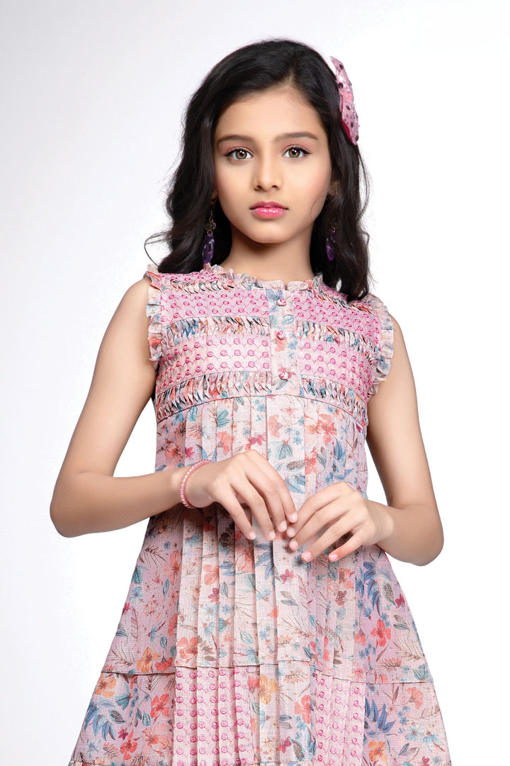 Light Pink Thread work with Floral Print Knee Length Casual Frock for Girls