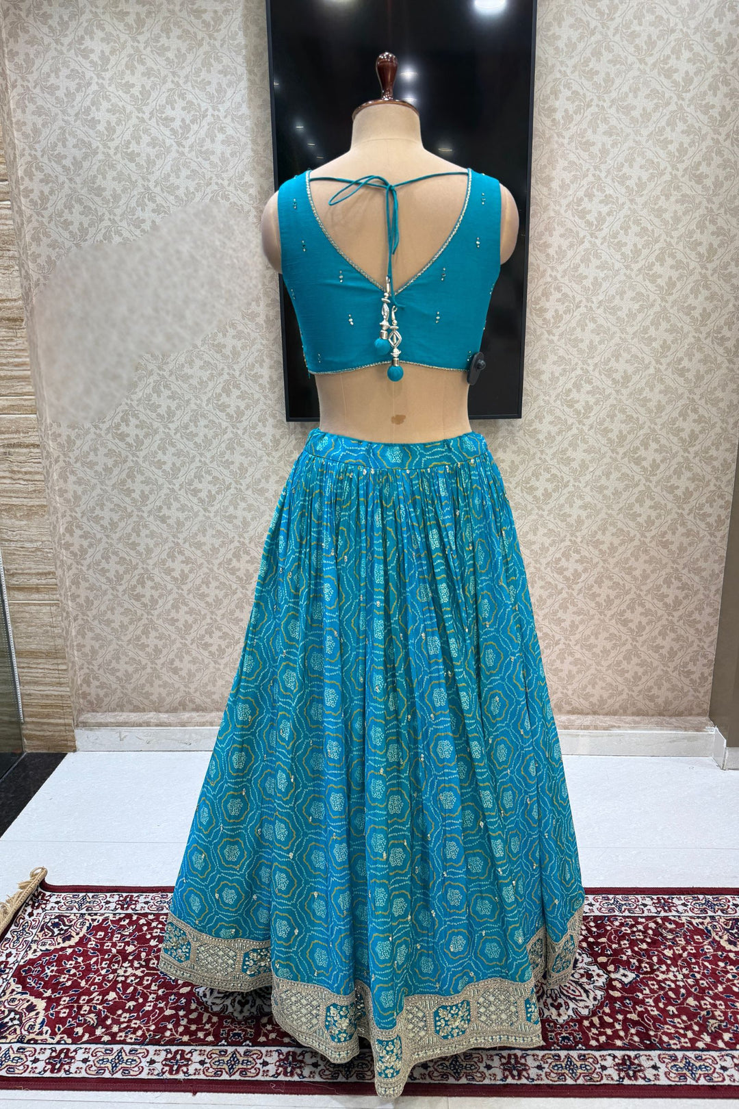 Rama Blue Stone, Zardozi, Sequins and Mirror work with Bandini Print Crop Top Lehenga