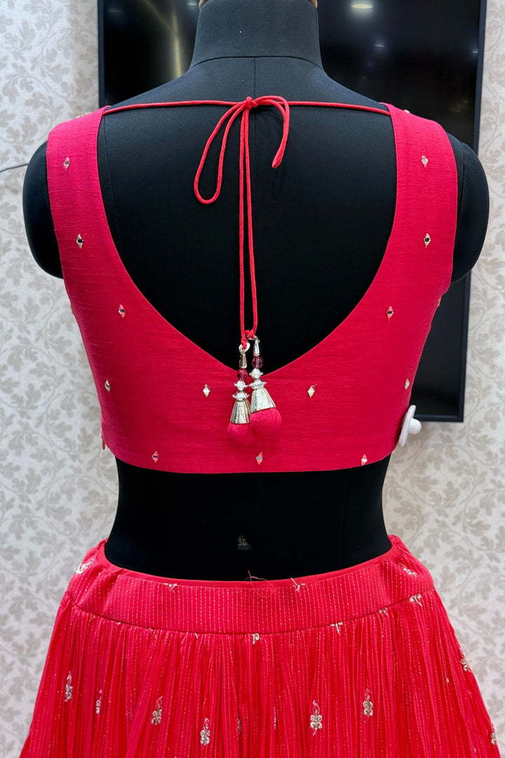 Red Mirror, Zardozi, Beads, Thread, Stone, Zari and Sequins work Crop Top Lehenga