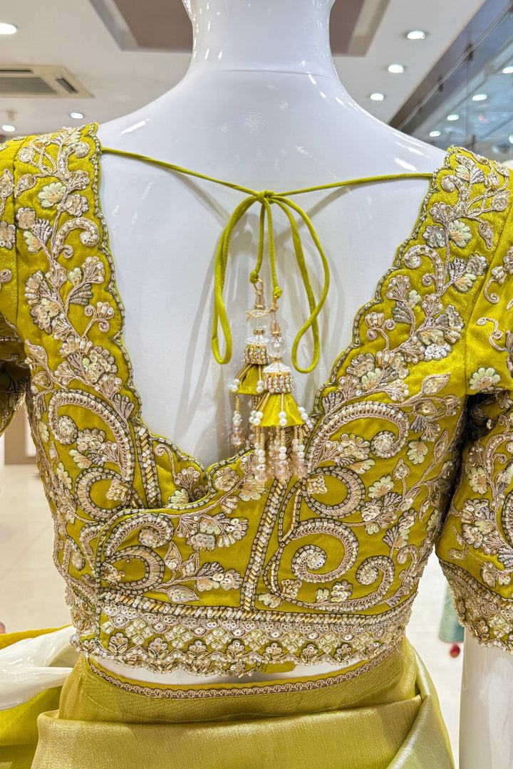 Pista Green Saree with Beads, Sequins, Zardozi and Zari work Readymade Blouse