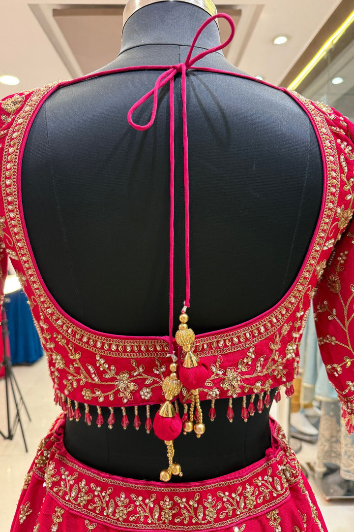 Rani Pink Beads, Zari, Zardozi and Sequins work Crop Top Designer Bridal Lehenga with Belt