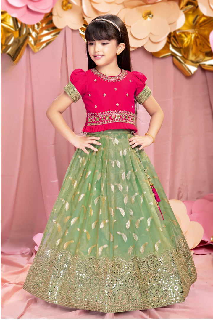 Rani Pink with Sea Green Zardozi, Sequins and Zari Weaving work Lehenga Choli for Girls