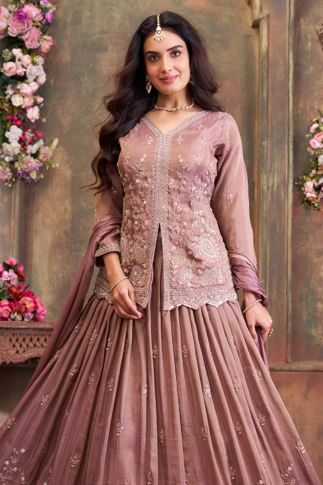 Onion Pink Beads, Pearl and Sequins work Peplum Style Lehenga