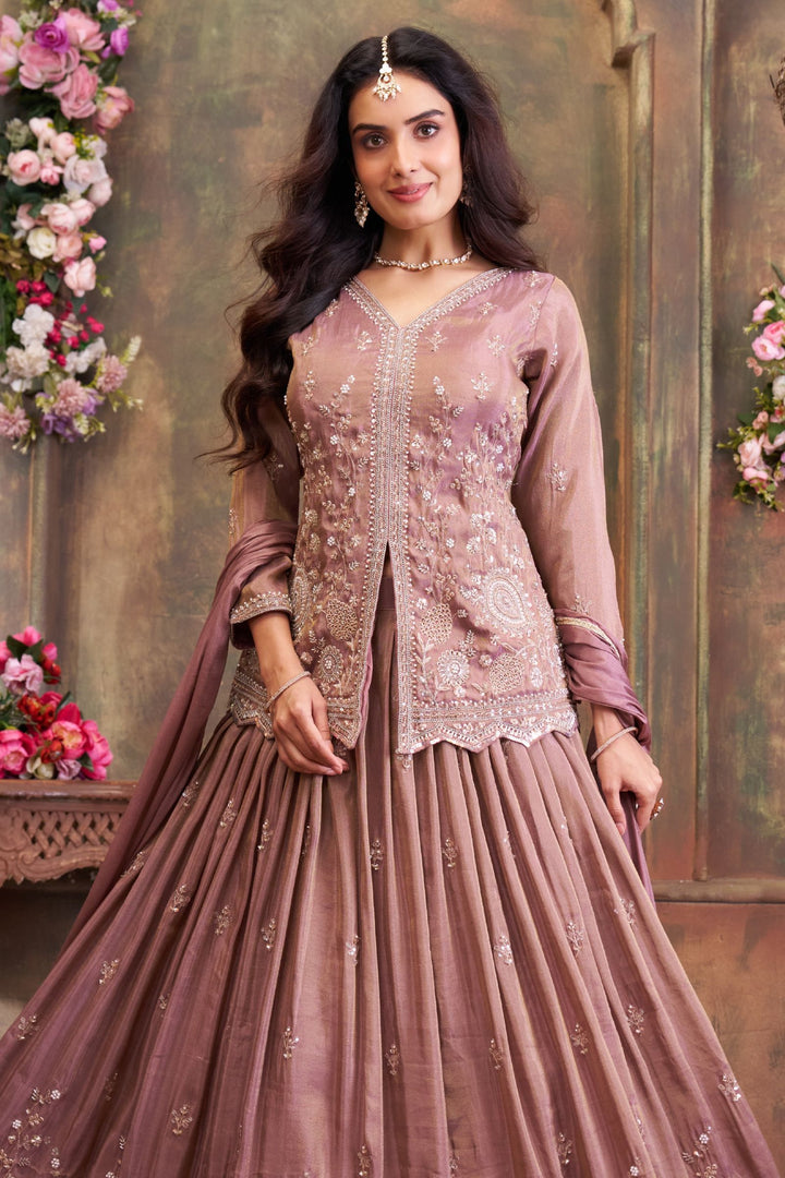 Onion Pink Beads, Pearl and Sequins work Peplum Style Lehenga