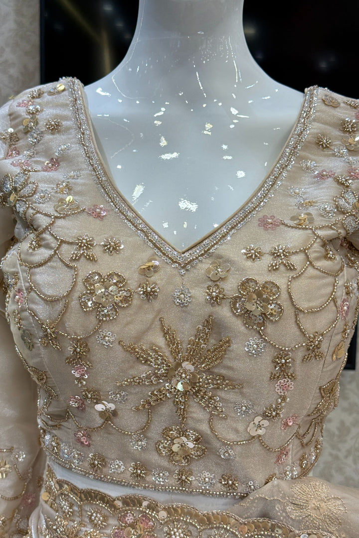 Light Beige Sequins, Beads, Zari and Pearls work Saree