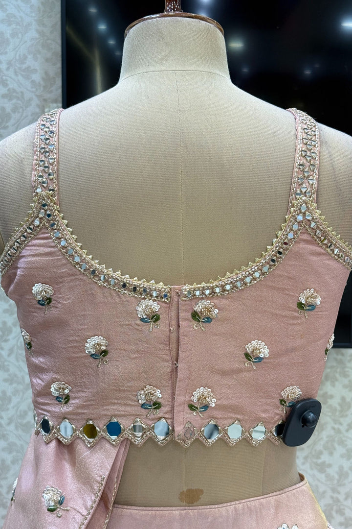 Light Peach Mirror, Sequins, Embroidery, Zardozi and Beads work Crop Top Lehenga
