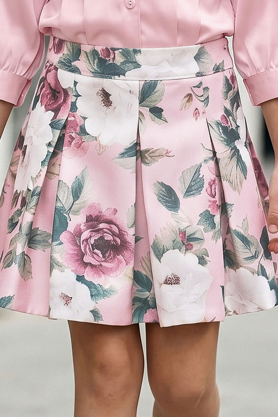 Pink Floral Print Top and Divider Skirt for Girls