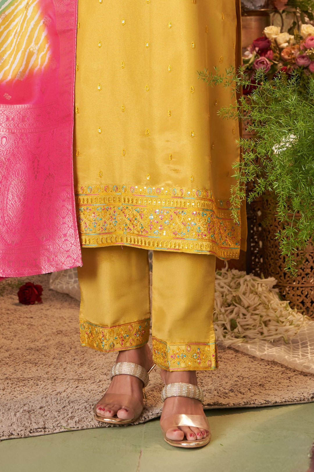 Yellow Sequins, Banaras Zari and Multicolor Thread work Straight Cut Salwar Suit