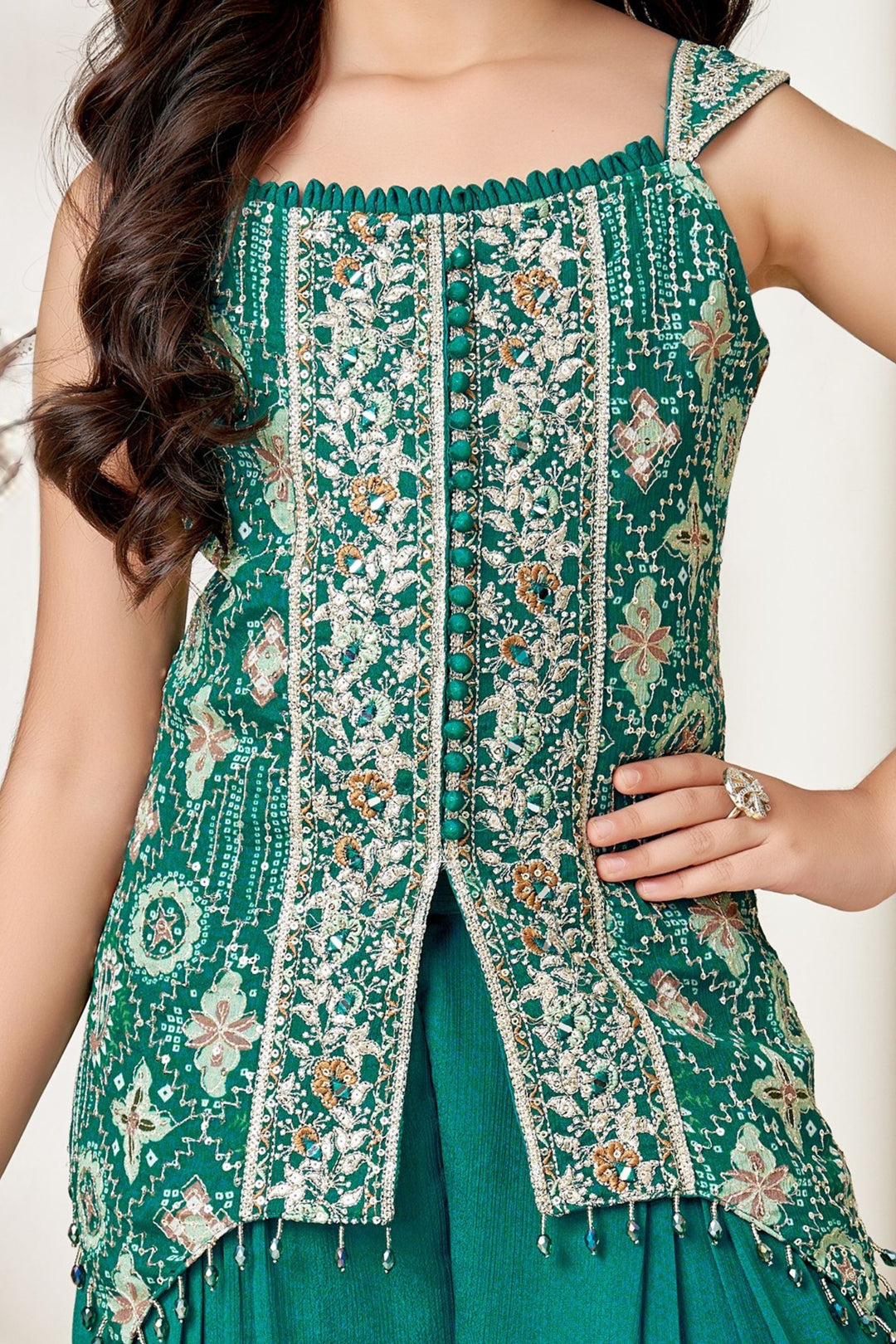 Rama Green Zari, Mirror and Sequins work with Digital Print Palazzo Suit Set for Girls