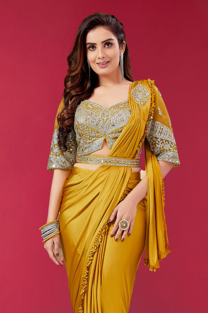 Yellow Readymade Fancy Saree with Readymade Blouse with Belt