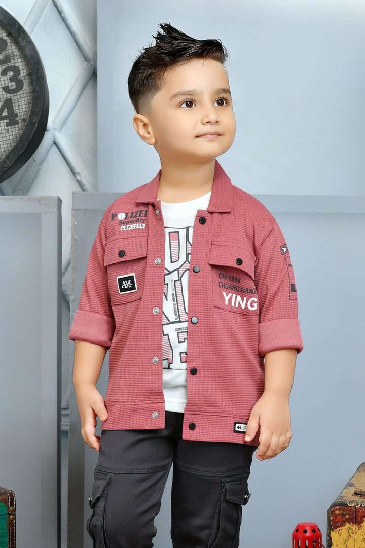 Onion Pink and White Printed Blazer, T-Shirt and Grey Cargo Pant Set for Boys