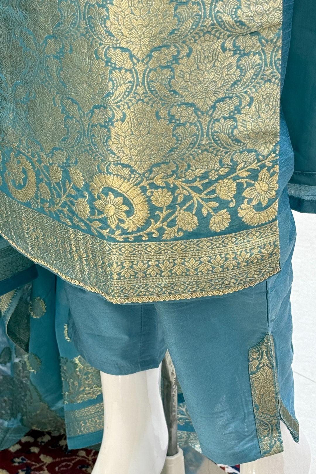 Sea Blue Beads, Mirror, Stone, Banaras and Brocade work Straight Cut Salwar Suit