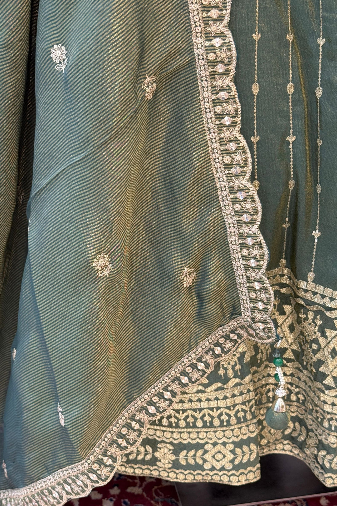 Bottle Green Zari, Zardozi, Stone, Beads and Sequins work Lehenga