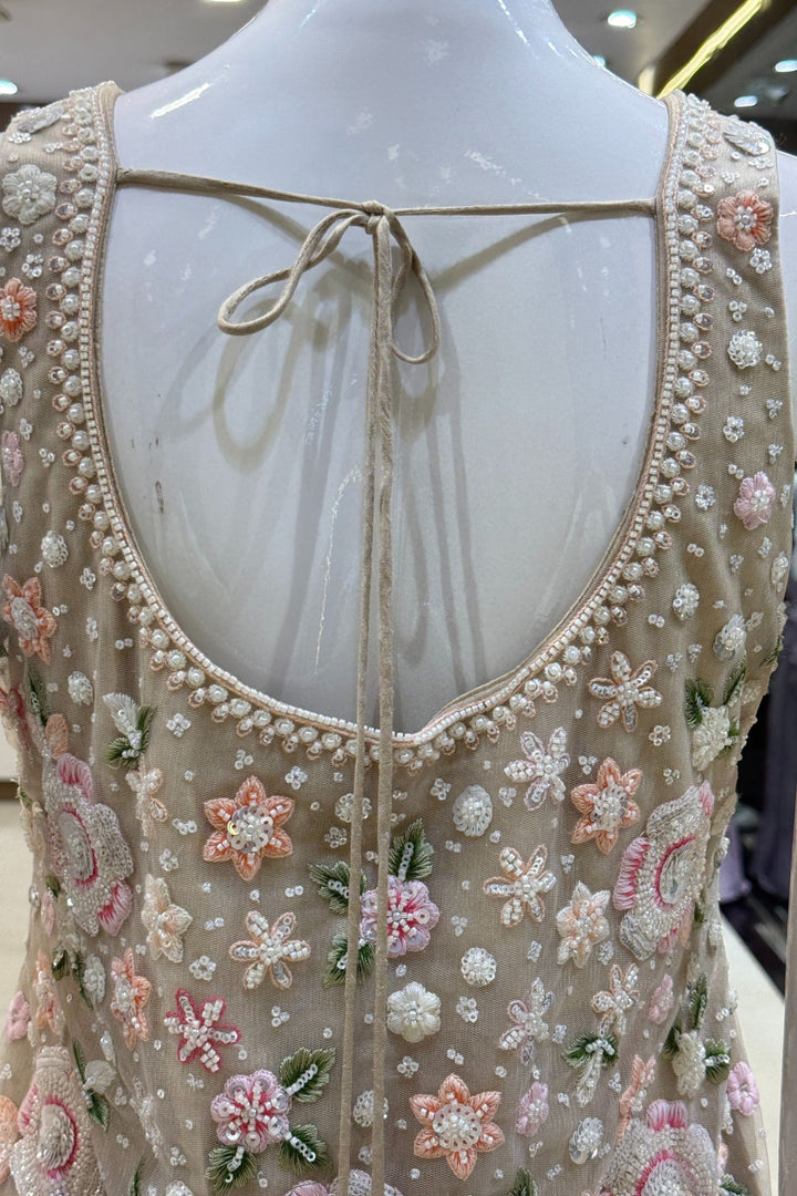 Beige Beads, Sequins and Multicolor Embroidery work Palazzo Salwar Suit