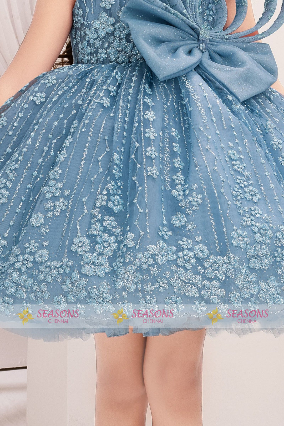 Greyish Blue Glitter work Short Partywear Frock for Girls