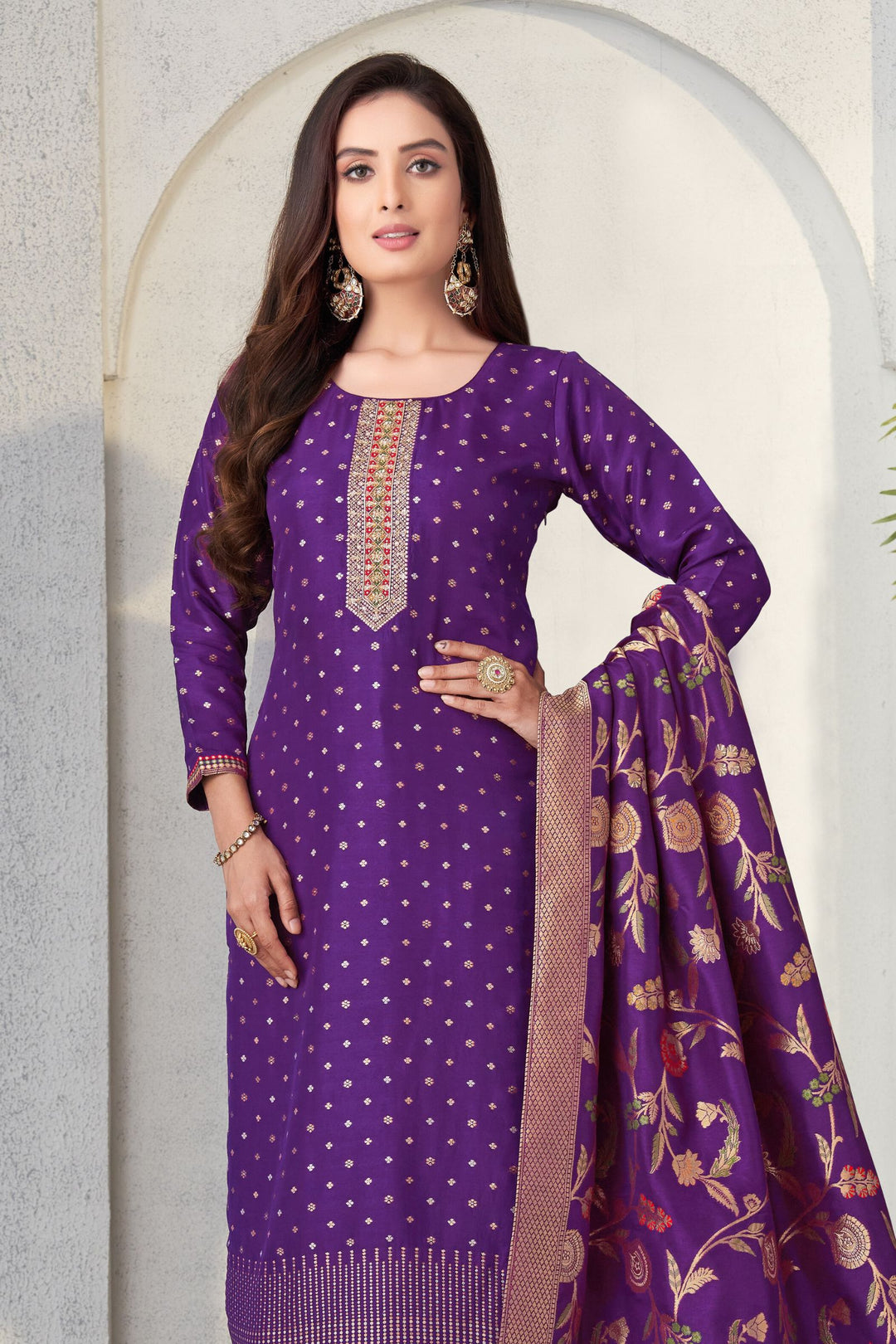 Purple Banaras, Beads, Zardozi and Sequins work Straight Cut Salwar Suit