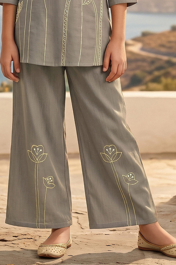 Grey Pearl, Beads and Thread work Co-ord Set for Girls