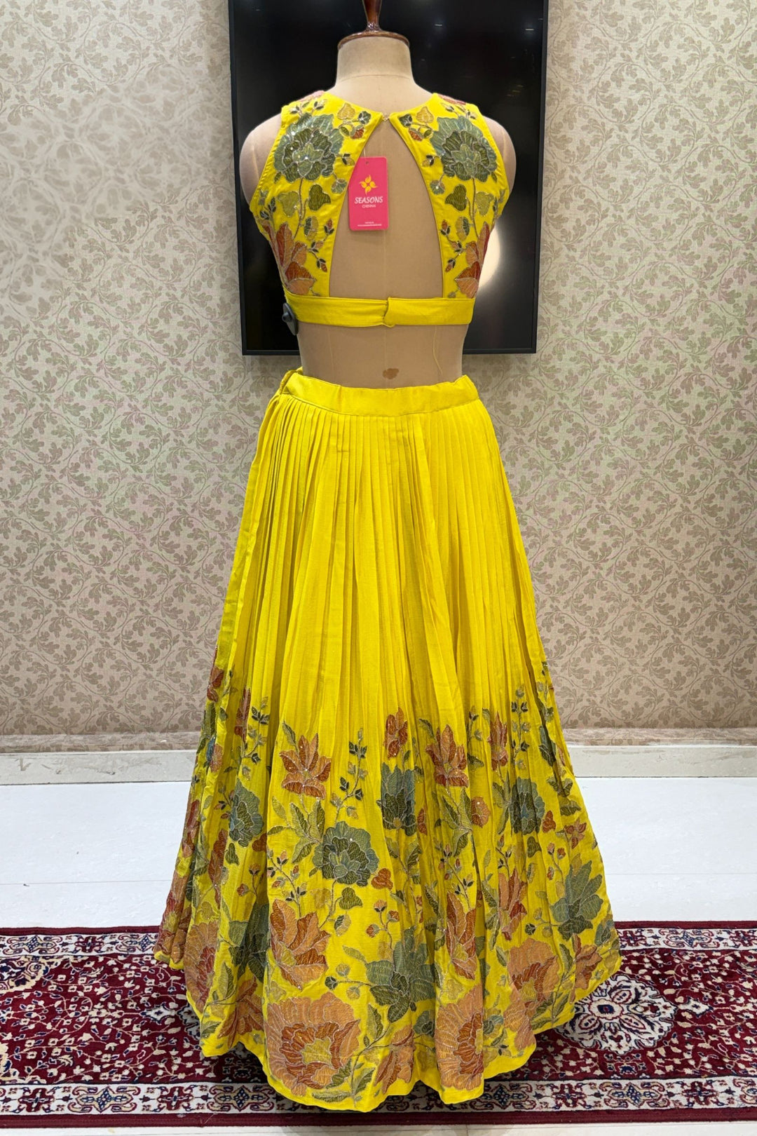 Yellow Multicolor Thread, Beads, Zari Thread and Sequins work Crop Top Lehenga