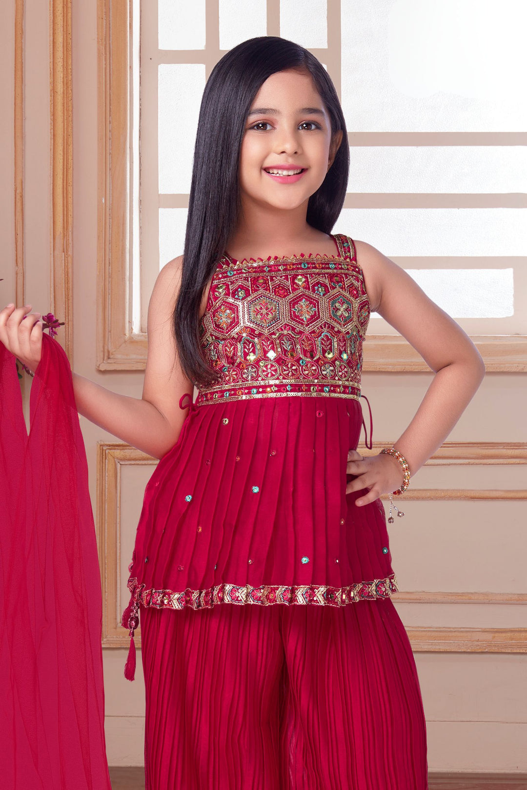 Rani Pink Zari, Sequins and Thread work Peplum Top and Afghani Set for Girls