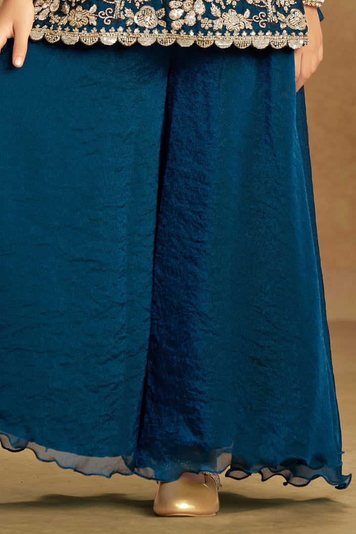 Royal Blue Beads, Zari and Sequins work Palazzo Suit Set for Girls