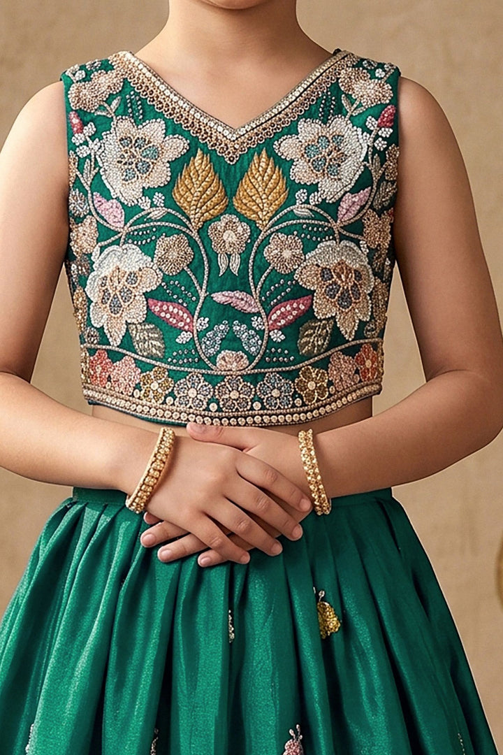Peacock Green Floral Embroidery Girls Lehenga Choli with Zari, Beads and Sequins work