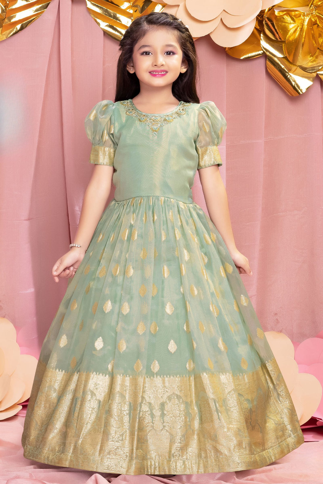 Pista Green Zari, Zardozi, Sequins, Stone and Thread work Long Party Gown for Girls