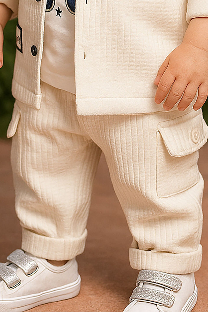 Cream Printed T-Shirt, Blazer and Pant Set for Boys