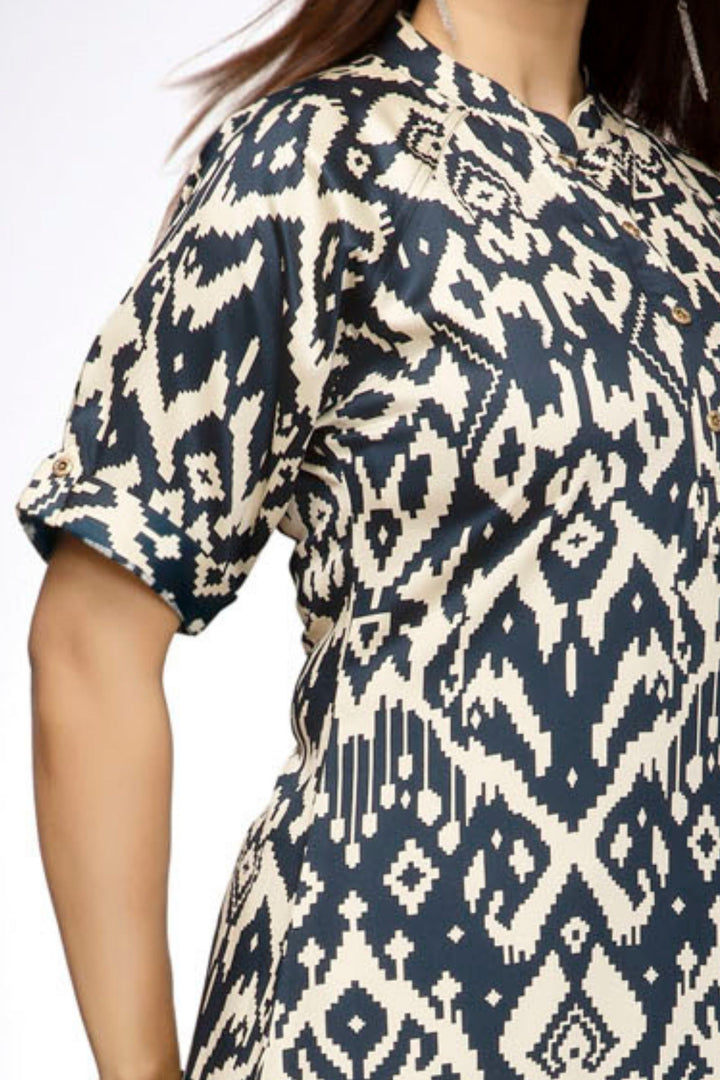 Navy Blue Ikat Print Straight Kurta Set