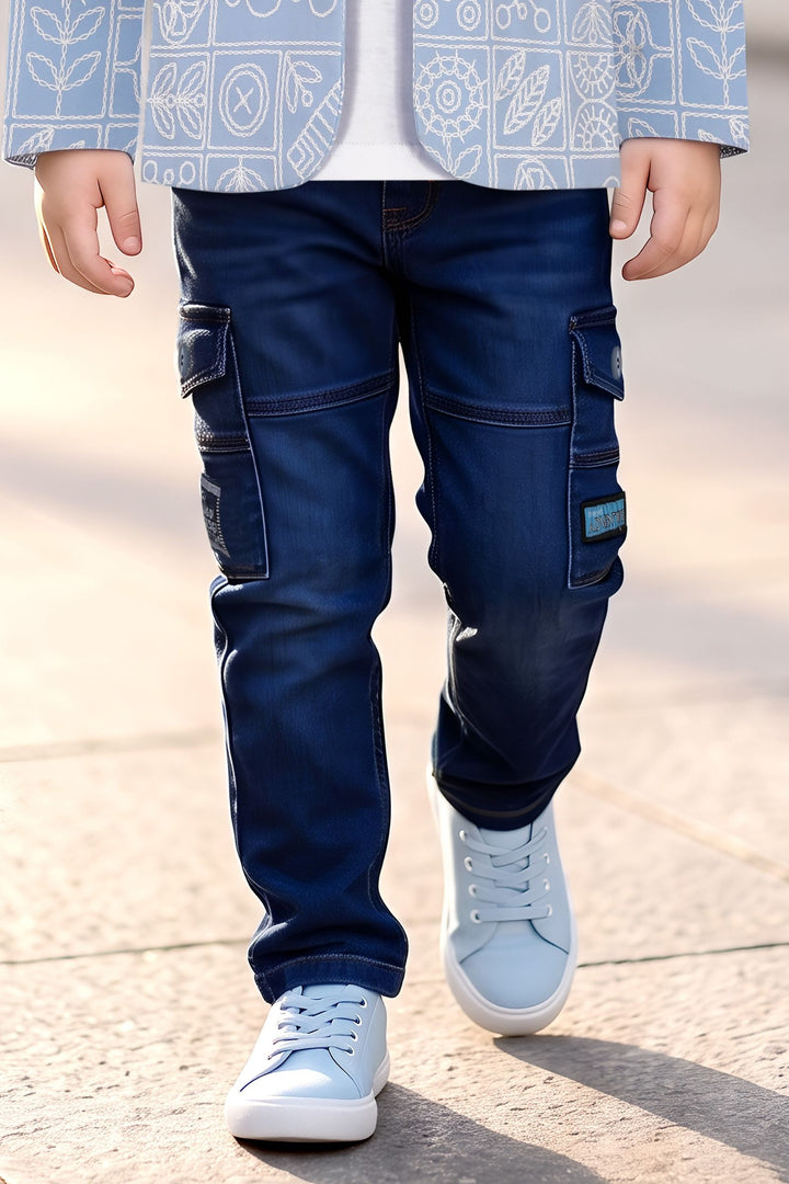 Sky Blue with Dark Blue Blazer, Printed T-Shirt and Pant Set for Boys