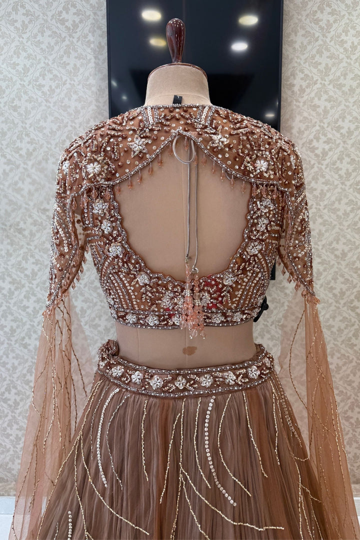 Designer Copper Brown Lehenga with Intricate Beads, Stone and Sequins work