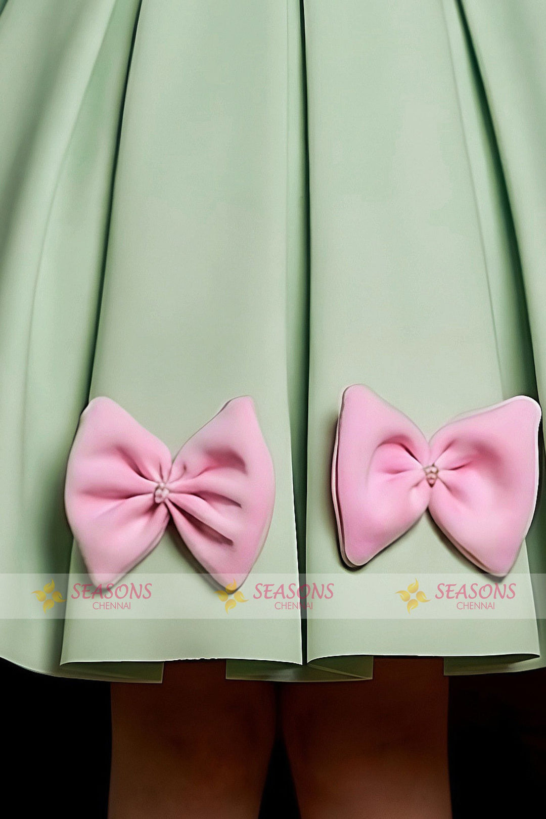 Pastel Green with Pink Bow Embellished Short Partywear Frock for Girls