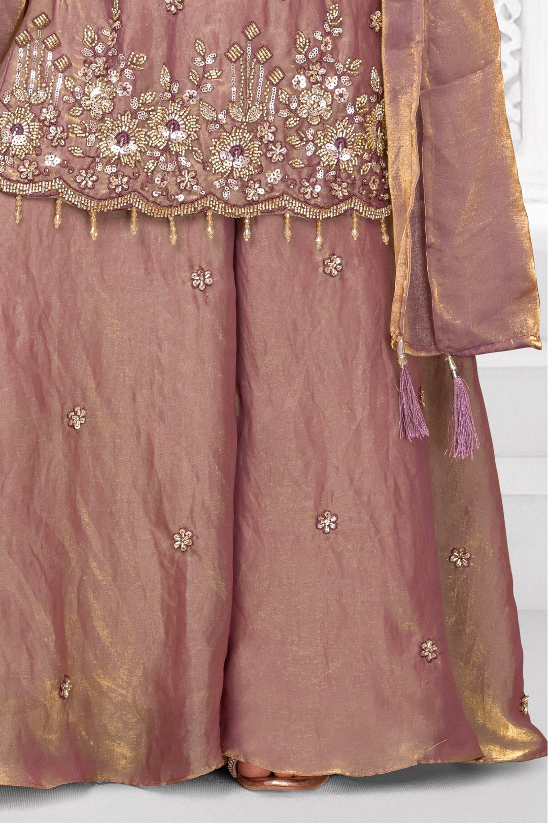 Copper Zari, Beads and Sequins work Palazzo Suit Set for Girls