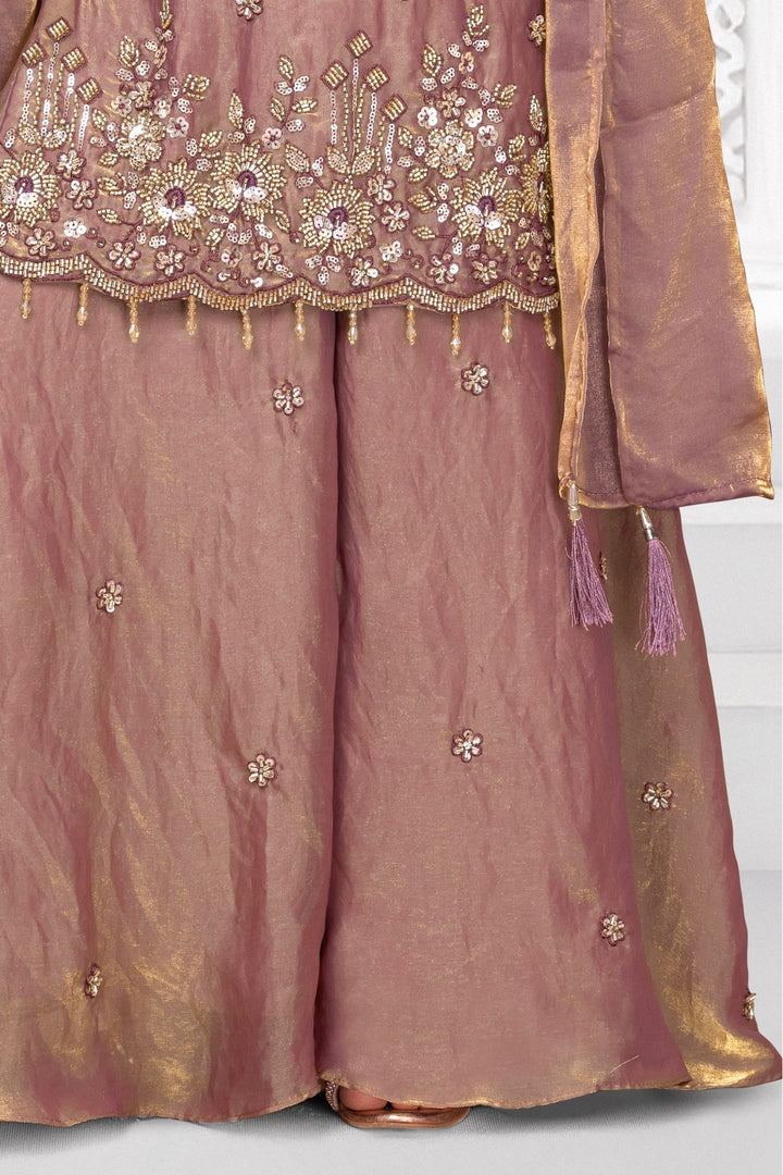 Copper Zari, Beads and Sequins work Palazzo Suit Set for Girls