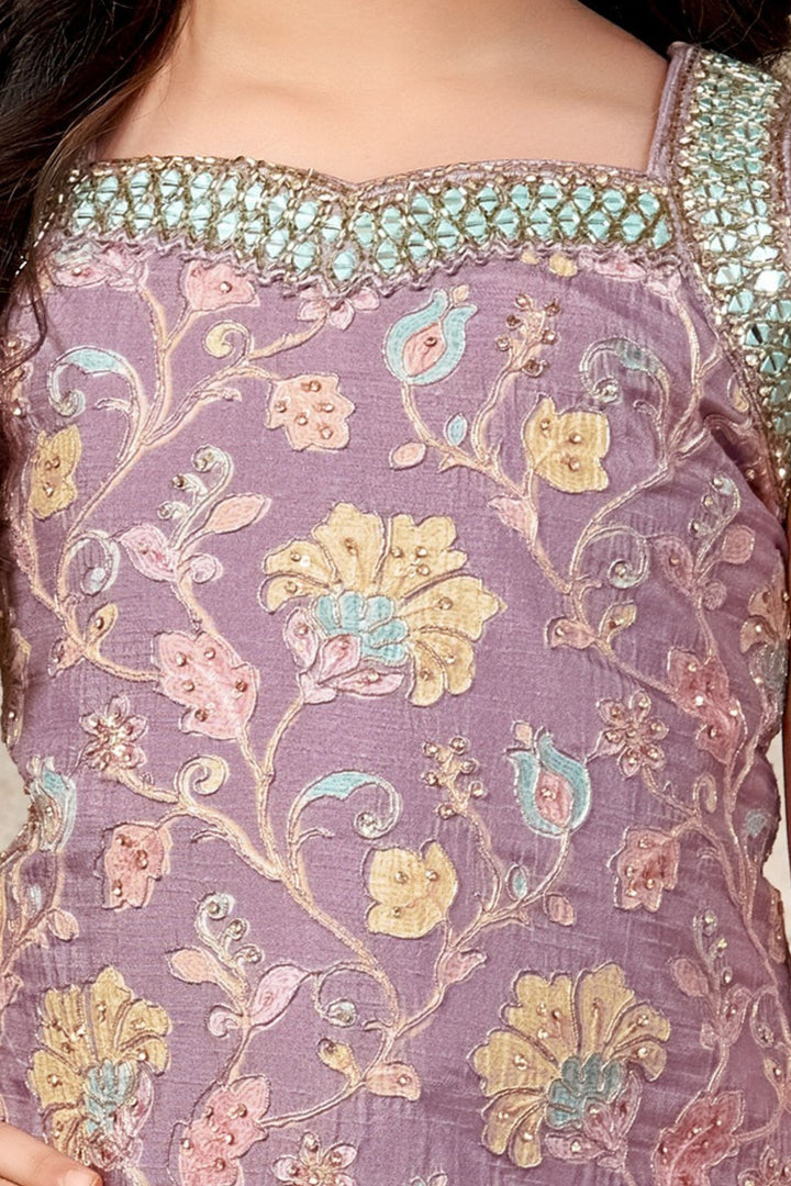 Lavender Zari, Stone, Mirror and Beads work with Floral Print Palazzo Suit Set for Girls