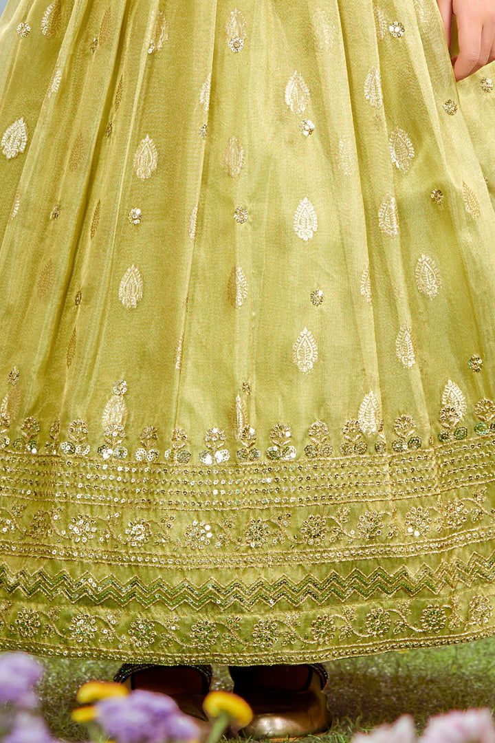 Lemon Yellow Sequins and Zari work Overcoat Styled Lehenga Choli for Girls