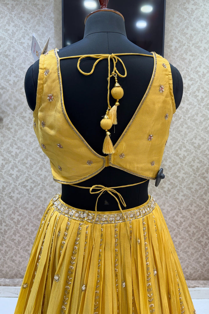 Yellow Zardozi, Beads, Thread, Sequins and Zari work Crop Top Lehenga