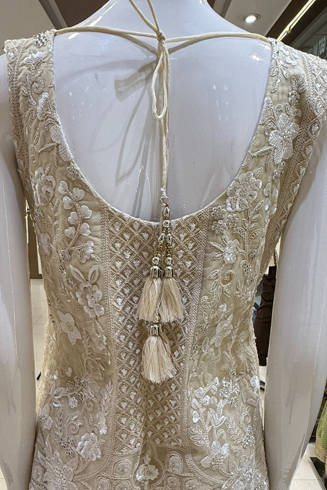 Cream Stone, Zari, Thread, Sequins and Beads work Salwar with Palazzo Pant