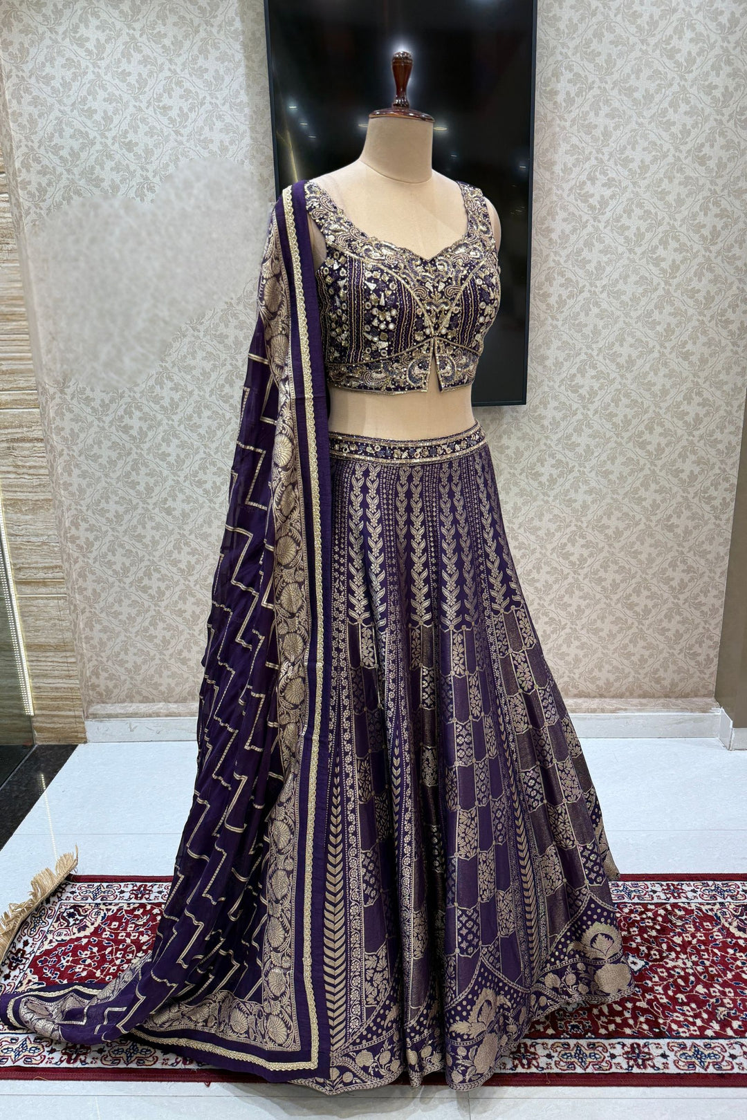 Purple Mirror, Beads, Zari, Banaras and Sequins work Crop Top Lehenga