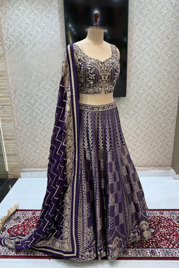 Purple Mirror, Beads, Zari, Banaras and Sequins work Crop Top Lehenga