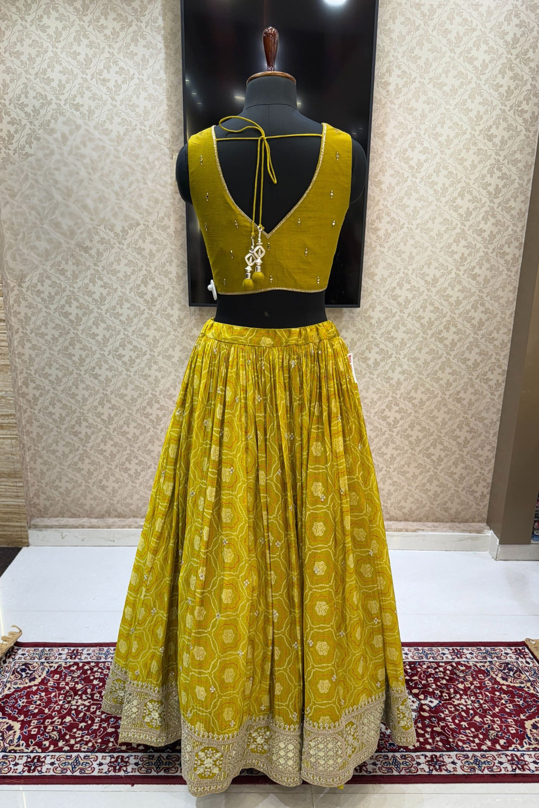 Liril Green Stone, Zardozi, Sequins and Mirror work with Bandini Print Crop Top Lehenga