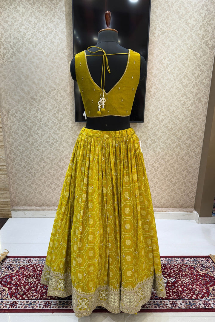 Liril Green Stone, Zardozi, Sequins and Mirror work with Bandini Print Crop Top Lehenga