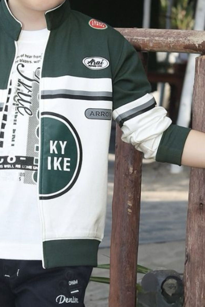 Green with White Printed Blazer, T-Shirt and Black Pant Set for Boys with Belt