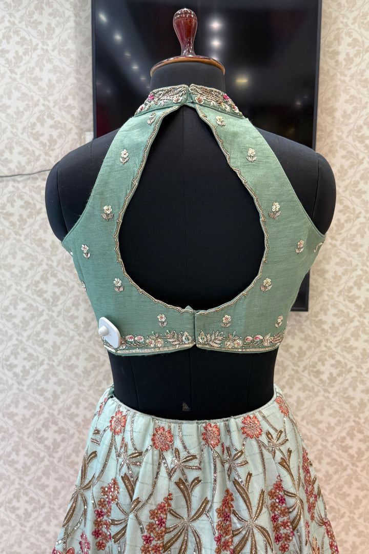 Sea Green Zardozi, Sequins, Beads, Thread and Zari work with Halter Neck Lehenga