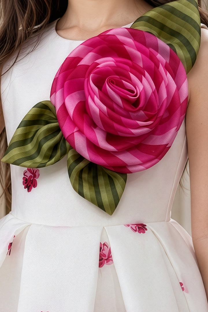 White with Rose Flower and Leaf Accent Short Frock For Girls