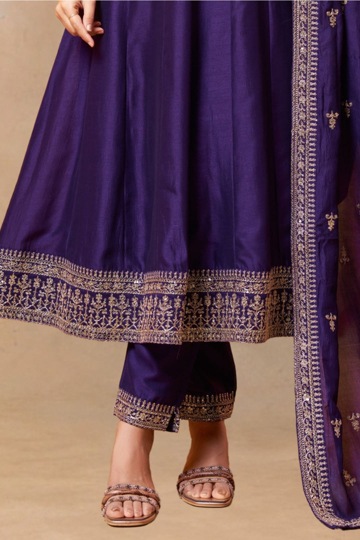 Purple Stone, Thread, Zari and Zardozi work Anarkali Style Salwar